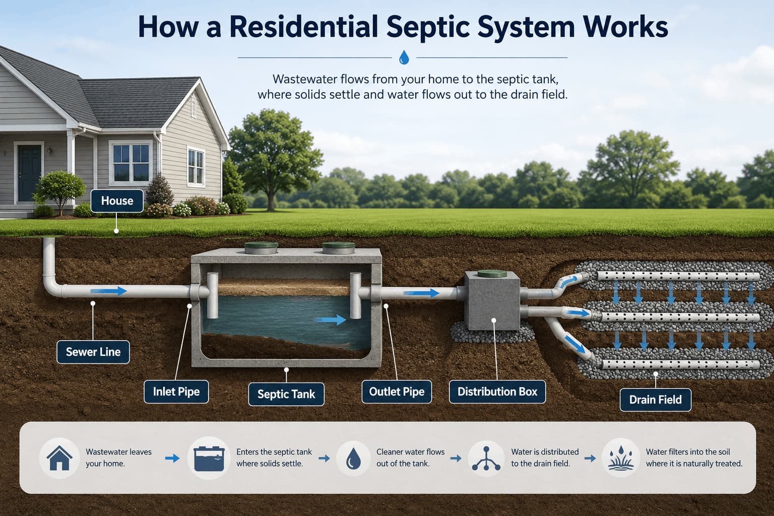Diagram showing how a septic system processes wastewater